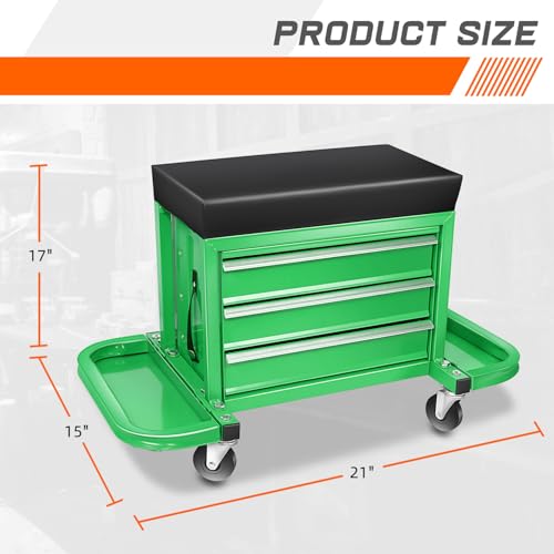 PM PERFORMOTOR 3-Drawer Tool Chest Rolling Mechanic Seat with Tool Trays,350lbs Max Weight Capacity, Green,PM-TOL-RST1-GR - color: Green