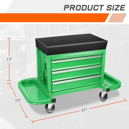 PM PERFORMOTOR 3-Drawer Tool Chest Rolling Mechanic Seat with Tool Trays,350lbs Max Weight Capacity, Green,PM-TOL-RST1-GR - color: Green