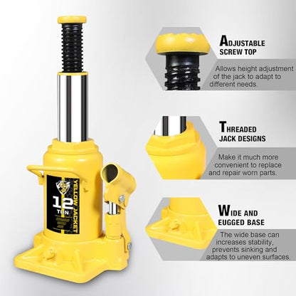 YELLOW JACKET 12 Ton Low Profile Bottle Jack, Welded Hydraulic Stubby Jack(24,000 LBs) - size: 12 Ton