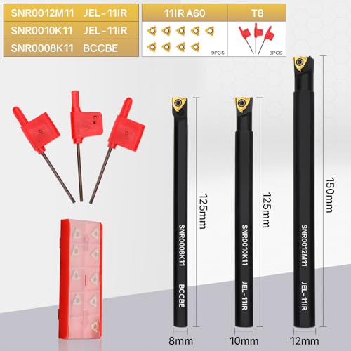 SNR0008K11, SNR0010K11, SNR0012M11 Indexable Lathe Turning Tool 12Pcs Kit, 3 Pcs Metal Lathe Tools Holder Set, with 9Pcs 11IR A60 Carbide Inserts Turning Inserts Carbide Turning Tool - style: 3pcs SNR00 Shanks+9pcs Inserts