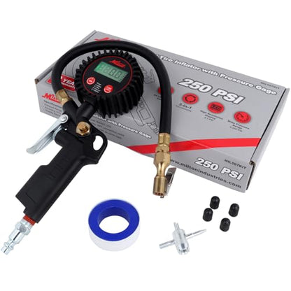 Milton 507KIT Digital Tire Inflator Car Accessories w/Accurate Air Tire Pressure Gauge, 14” Rubber Air Hose – 250 PSI, Brass Lock-On Clip Air Chuck and Compressor Accessories
