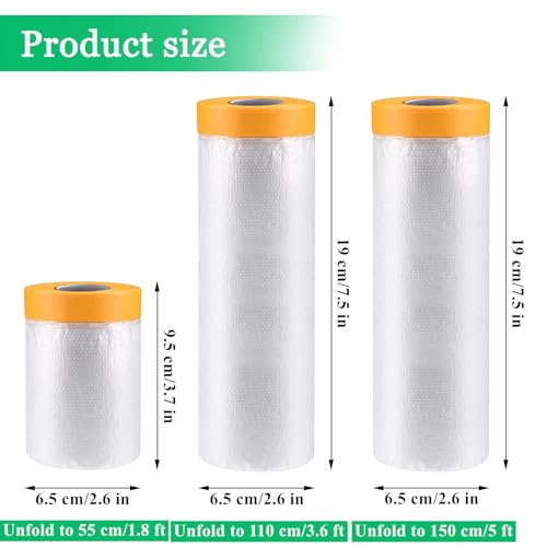 3 Rolls Pre-Taped Painting Masking Film, 5 x 65.6 Feet