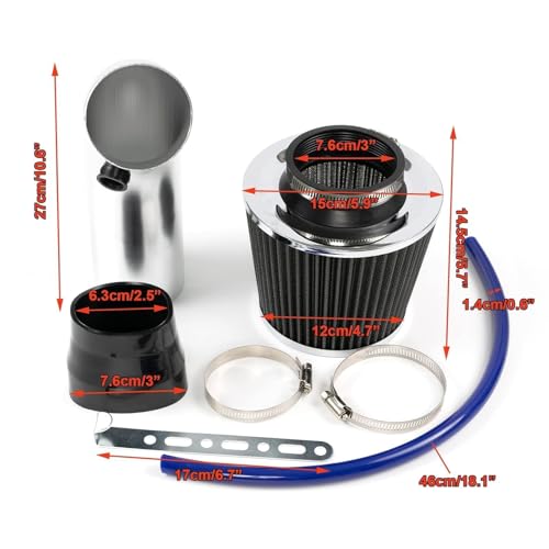 AUTOXBERT Full Set 3" 76mm Universal Car Cold Air Intake Filter Kit Alumimum Automobile Filter Induction Flow Hose Pipe Kit System Accessories (Black & Silver) - color: Black&Silver
