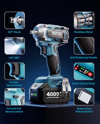 Seesii 3/8" Cordless Impact Wrench, Power Impact Gun w/Max Torque 330Ft-lbs(450N.m), 4.0Ah Rechargable Battery & 4 Sockets, Compact Power Impact Wrench for Lightduty Work Car Home,WH450