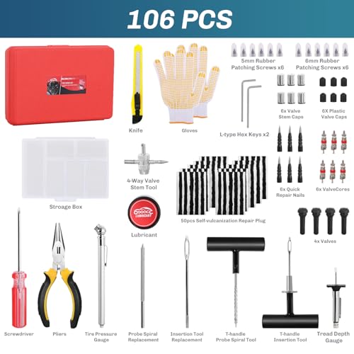 GOOACC Tire Repair Kit - 106pcs Heavy Duty Tire Plug Kit Flat Tire Puncture Repair Kit for Car, Motorcycle, ATV, UTV, RV, Tractor, Trailer - size: 106PCS