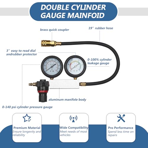 Dual Gauge Leakdown Detector Tool Set Cylinder Leak Down Tester Kit for Pressure Check & Leakage Rate Test Gasoline Engine Compression Leakdown Detector Leakage Test Set(Blue)