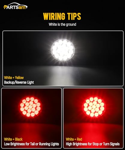 Partsam 2Pcs 4 Inch Round Red Stop Turn Tail Lights and White Backup Lights Kit 19 Diodes w/Rubber Grommets & 3-Prong Wire Pigtails, Red/White Round Led Truck Trailer Tail Lights and Reverse Lights - color: Red/White