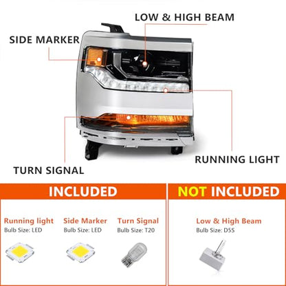 FIONE HID Headlights Compatible with Chevy Silverado 1500 2016-2018/2019 Silverado 1500 LD W/O Bulbs Chrome Housing Headlamp Driver & Passenger Side - color: Chrome, size: PA(Driver&Passenger)
