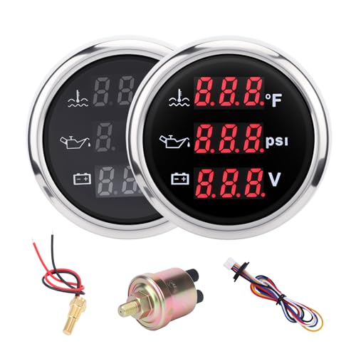 Triple Gauge Set 3in1,Water Temp (104°F-248°F), Oil Pressure (0-145PSI), Voltmeter (9-32V), AUTO Gauge with Digital Display Alarms for Cars Trucks Boats (Red) - color: Red