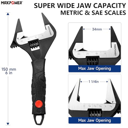MAXPOWER 6-inch Slim Jaw Adjustable Wrench, Extra Thin Jaw Wide Opening Wrench, Dual Scale with Metric and SAE, Soft Grip Handle - size: 6"