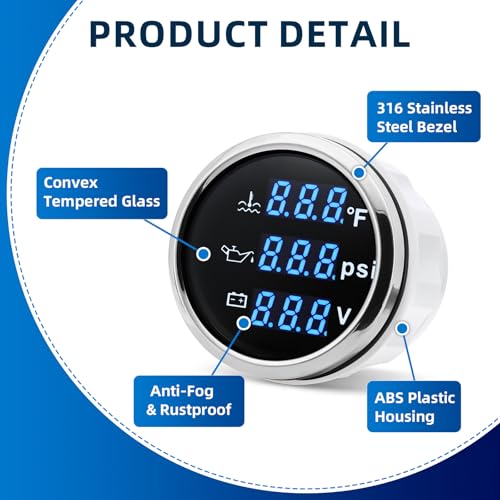 MH Triple Gauge Set - Water Temp (104°F-248°F), Oil Pressure (0-145PSI), Voltmeter (9-32V), Blue Backlight AUTO Gauge with Sensors 2" 52mm 3-in-1 Boat Marine Meter Kit (Black and Silver) - color: Black and Silver