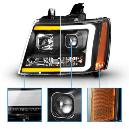 AmeriLite for 2007-2013 Chevy Avalanche/Suburban/Tahoe Switchback LED Tube Turn Siganl Projector Black Replacement Headlights Pair - Passenger and Driver Side - color: Black Projector Switchback LED Bar
