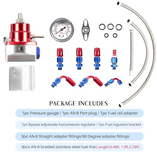 EFI Fuel Pressure Regulator Kit 0-100psi with Gauge 6AN Fuel Line Fitting Universal Adjustable Aluminum (Blue+Red) - color: Blue&Red