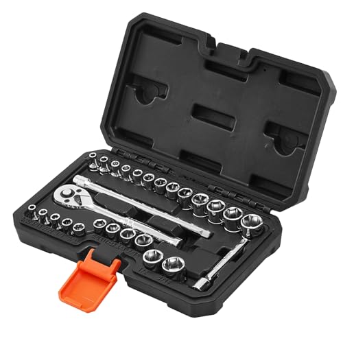 VEVOR Socket Set, 27 Pieces, 1/4 inch Drive Socket and Ratchet Set, SAE and Metric, Mechanic Tool Kit with Ratchet Wrench, Extension Bar and Storage Case, CR-V Alloy Steel, for Automotive Repair - size: 27-PCS