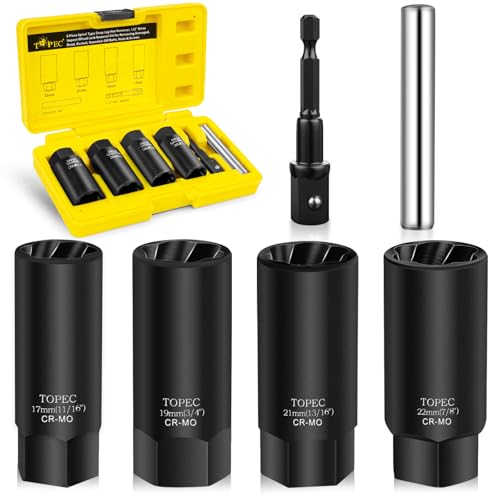 Topec 6PCS Deep Lug Nut Removal Tool, 1/2" Drive Lug Nut Extractor Set, 17,19,21,22MM Wheel Lock Removal Kit, Spark Plug Extractor Socket Set for Stripped, Rounded, Damaged Bolts & Studs - size: 6 PCS