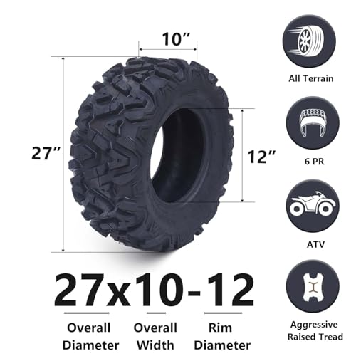 27x10-12 ATV Tires, All Terrain 6PR 27x10x12 ATV UTV Trail Mud Sand Off-Road Tires (Pack of 2, Tubeless) - size: 27x10-12