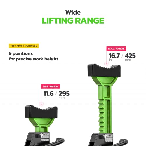Jack Stands 3 Ton (6,600 lb) Heavy Duty Steel, Double Locking, Set of 2, Adjustable Height 11.03-16.7 Inch, Green Car Jack Stands for Cars SUV Trucks Vans