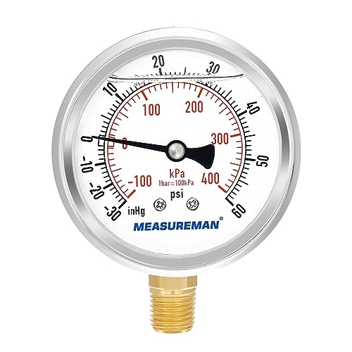 MEASUREMAN 2-1/2" Dial Size, Glycerin Filled Pressure Gauge, 30inHG-60psi, 304 Stainless Steel Case, 1/4" NPT Lower Mount - size: -14.7-60 psi, style: Lower Mount