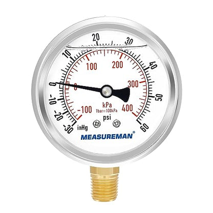 MEASUREMAN 2-1/2" Dial Size, Glycerin Filled Pressure Gauge, 30inHG-60psi, 304 Stainless Steel Case, 1/4" NPT Lower Mount - size: -14.7-60 psi, style: Lower Mount