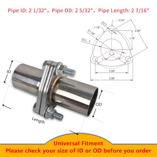 Exhaust Flange Bolts Quick Fix Repair Pipe Kit w/Gasket & Hardware, 2'' Inch ID 3 Bolts T304 Stainless Steel Universal Flange Replacement Kit - size: 2"ID-3 Bolts