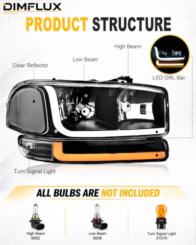 LED DRL Headlight, Headlights Assembly Kit Compatible with 1999-2007 GMC Sierra/1999-2006 Yukon Replacement Headlamp Black Housing Clear Reflector - color: Black Housing Clear Reflector