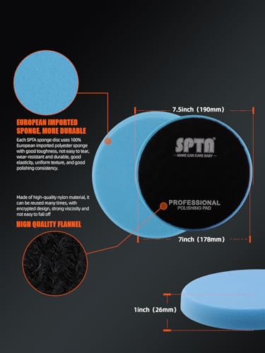 SPTA 9Pcs Polishing Pads Kit, 7 Inches Large Size Buffing Pads, Car Foam Buffing Sponge Pads Kit with 5/8"-11 Backing Plate for Car Care Polisher Boat Waxing, Polishing, Sealing Glaze - size: 7 Inches