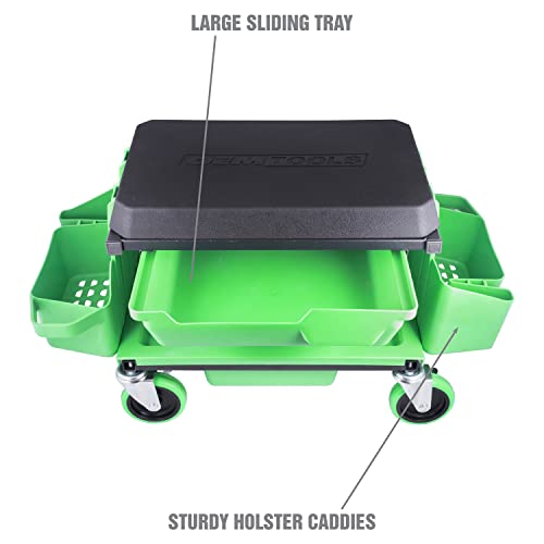 OEMTOOLS Sidekick Rolling Mechanic Stool – 5 Tool Trays, Cushioned Seat, 330 lb Capacity (Green)