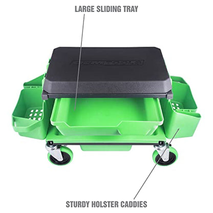OEMTOOLS Sidekick Rolling Mechanic Stool – 5 Tool Trays, Cushioned Seat, 330 lb Capacity (Green)