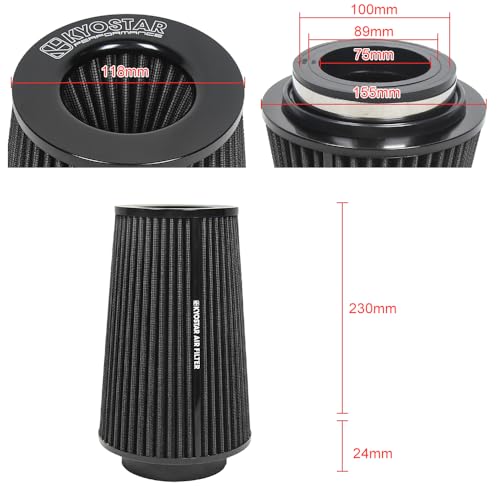 범용 3/3.5/4인치(75/89/100mm) 고유량 에어 필터, 재사용 가능한 콘 냉기 흡입구, 고성능, 클램프 온 자동차 고유량 에어 키트, 플랜지 지름: 1.9cm(3/3.5/4인치), 높이: 25.4cm(10인치), 블랙 - color: 블랙.