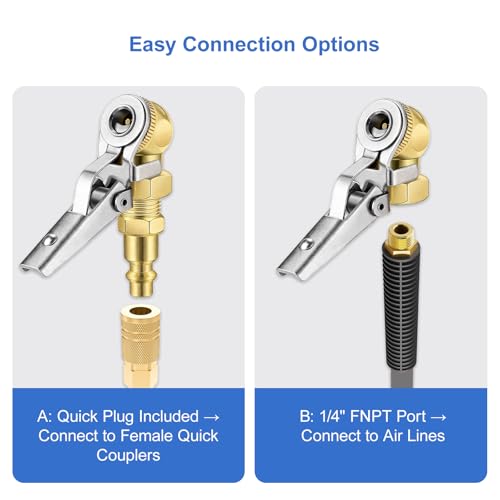 Upgraded 2 Pcs 1/4 Inch NPT Locking Air Chuck, Quick Connect Clip-On Air Chucks for Tires, Closed Ball Tire Inflator Nozzle with Clip, Fits Truck RV Auto Car Motorcycle and Bike