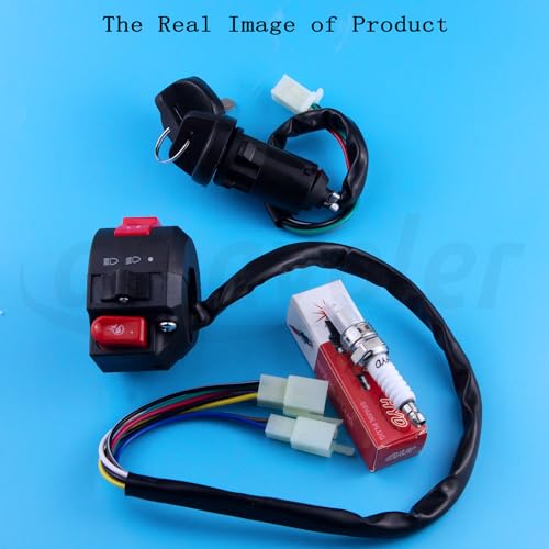 Left Starter Kill Light Switch Ignition Key Switch with Spark Plug Aftermarket Replacement Parts Fit for 50cc 70cc 90cc 110 cc 125cc 150cc Chinese ATV Quad 4 Wheeler TaoTao SUNL Coolster Etc