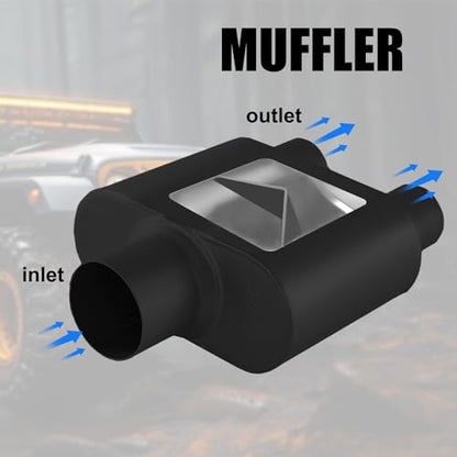 Universal Mufflers,Performance Automotive Exhaust Muffler, Single Chamber 3" (ID) center in 2.25" (ID) dual out (Black) - color: Black