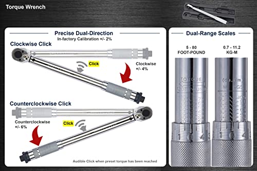 3/8" Drive 5-80 ft-lb (0.7-11.2 kg-m) Dual-Direction Click Torque Wrench - size: 3/8" Drive 5-80 ft-lb
