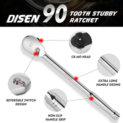 DISEN Extra Long Handle 1/2" Drive Ratchet Socket Wrench,90-Tooth Ratchet Wrench with 14" Handle and Dust Proof Teardrop Enclosed Head, Reversible, CR-V Steel Made, CR-MO Head, Gifts for Men - color: 90-t Long Drive Ratchet Set
