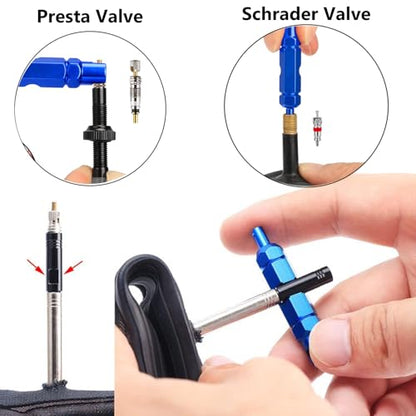 Tire Valve Stem Removal Tool Kit, R134A R12 A/C Schrader Valve Stem Core Remover Tool for Car Bicycle Tyre RV Truck, 4 Schrader/Presta Valve Caps, 6Pcs Valve Core, 3 Automotive Tools Wrench