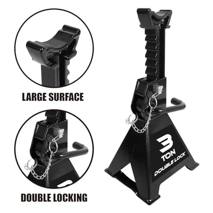 Torin AT43005AB Steel Heavy Duty Jack Stands: Double Locking Pins, 3 Ton (6,000 lb) Capacity, Black, 1 Pair (2 Pack) - size: 3 TON, style: Wide Base