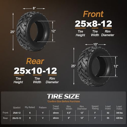 TUFFIOM Set of 4 ATV UTV All-terrain Tires 25x8-12 Front & 25x10-12 Rear, 6 PR, Tubeless - size: 25x8-12 & 25x10-12