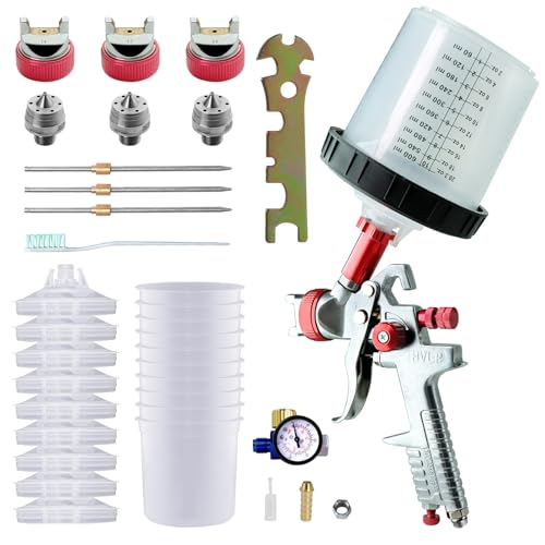 Paint Sprayer with Paint Mixing Quick Cup, HVLP Spray Paint Gun Kit Contain 1.4 1.7 2.0 MM Nozzles 10 Disposable 600ML Cups for Car Furniture Fence Painting (Red) - color: Red
