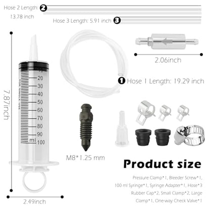 Motorcycle Brake Bleeder Kit,Practical Brake Bleeding Tool with Brakes Bleeder Hose/100ml Syringe/Brakes Bleeders One Way Valve,Essential Hydraulic Disc Clutch Bleeders Kit