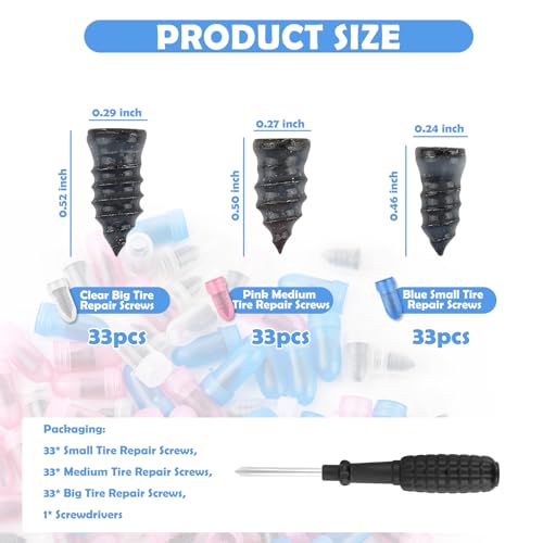 100PCS Tire Repair Kit,Self-Service Tire Screw Plug Repair Kit Includes 3-Size Plugs & Screwdrivers,Professional Screw in Tires Plugs Kits for Quick Repairing Tires Puncture