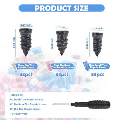 100PCS Tire Repair Kit,Self-Service Tire Screw Plug Repair Kit Includes 3-Size Plugs & Screwdrivers,Professional Screw in Tires Plugs Kits for Quick Repairing Tires Puncture