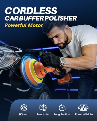 Cordless Car Buffer Polisher, 8 Variable Speed Car Polisher with 2x 21V 2000mAh Batteries & 18 PCS Attachments, 2800-6000RPM Cordless Car Polishing Machine for Waxing, Polishing & Scratch Removal