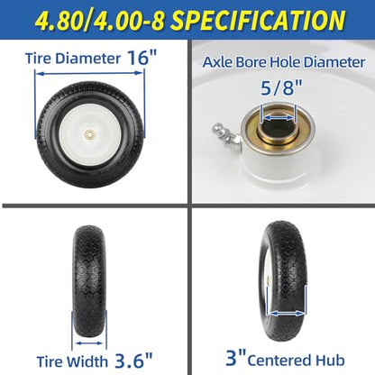 GICOOL 16'' 4.80/4.00-8 Flat Free Tire and Wheel, for Wheelbarrow, 1 PK - size: 1 Pack-3" Hub