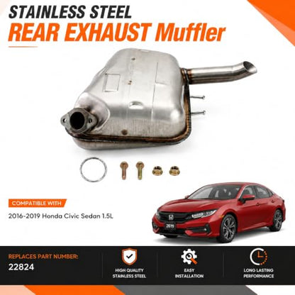 22824 Left Rear Exhaust Muffler for 2016-2019 Honda Civic Sedan 1.5L E413H - size: Honda Civic Sedan 2016-2019 1.5L