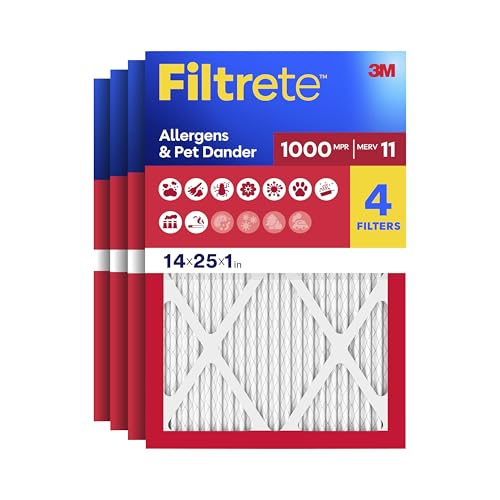 Filtrete 14x25x1 Air Filter, MERV 11, MPR 1000, Allergens & Pet Dander, 3-Month AC and Furnace Filters, Cleaner Air, Reliable Airflow, 4 HVAC Filters (Actual Size 13.68 x 24.68 x 0.81 in) - size: 14x25x1
