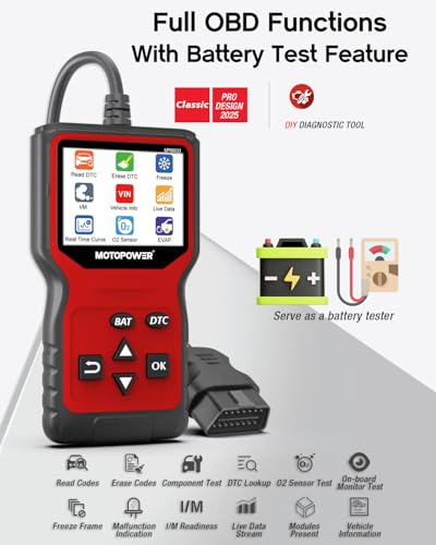 MOTOPOWER MP69033 Pro OBD2 Scanner Code Reader Check Engine Fault Light Diagnostic Scan Tool with Battery Tester - color: b) Red
