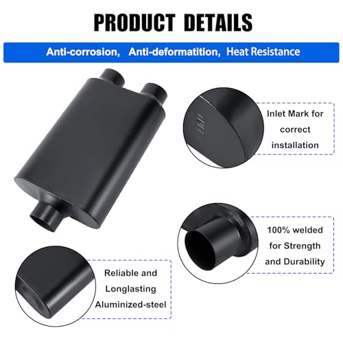 Universal Mufflers Performance Automotive Exhaust Aluminized Steel Muffler Dual Chamber 3" center inlet (ID) 2.5" dual outlet (ID) FH430402 - color: Black, size: 3" in - 2.5" dual out