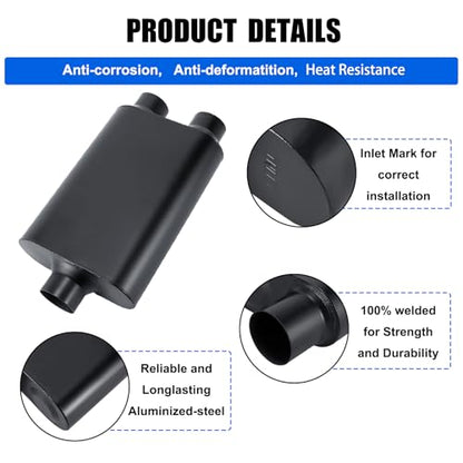 Universal Mufflers Performance Automotive Exhaust Aluminized Steel Muffler Dual Chamber 3" center inlet (ID) 2.5" dual outlet (ID) FH430402 - color: Black, size: 3" in - 2.5" dual out