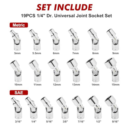 CASOMAN 19PCS 1/4" Drive Universal Joint Socket Set, Metric(5mm to 15mm) & SAE(3/16" to 9/16"), Flexible Wobble Sockets for Easier Access to Tight Spaces, 6-Point, Cr-V - size: 1/4"Dr. Metric & SAE