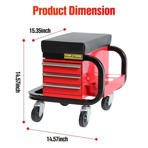 Tool Box Built-in Creeper Seat, Garage Shop Roller Seat, 3 Drawers Heavy Duty Tool Chest with 4 Rolling Casters-350 Lbs Capacity